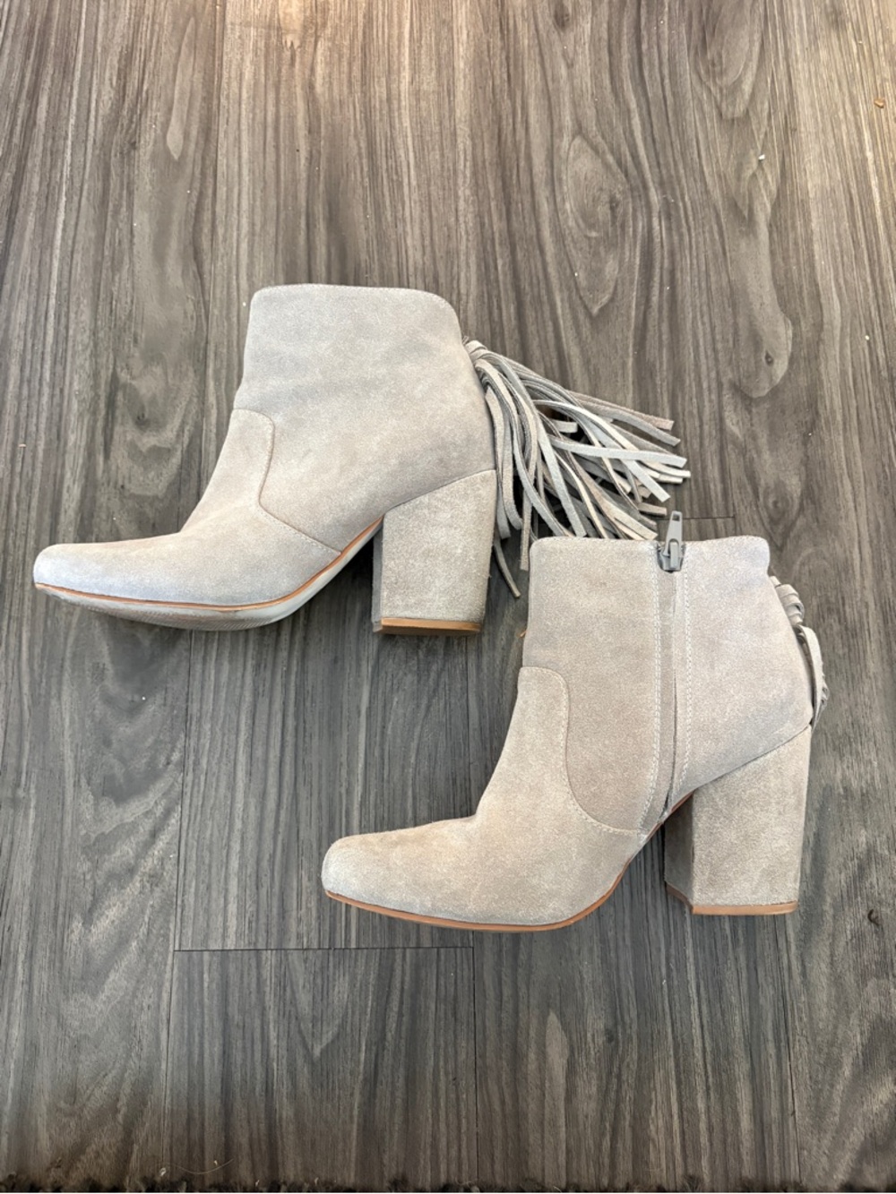 Fringe Suede Ankle Booties in Light Gray - Women's Block Heel Size 39